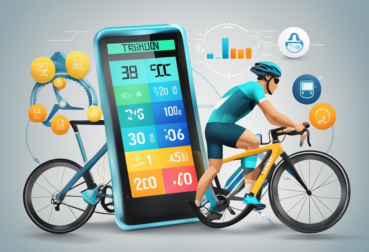 A triathlon calculator on a digital screen with swim, bike, and run icons, surrounded by sports equipment and a stopwatch