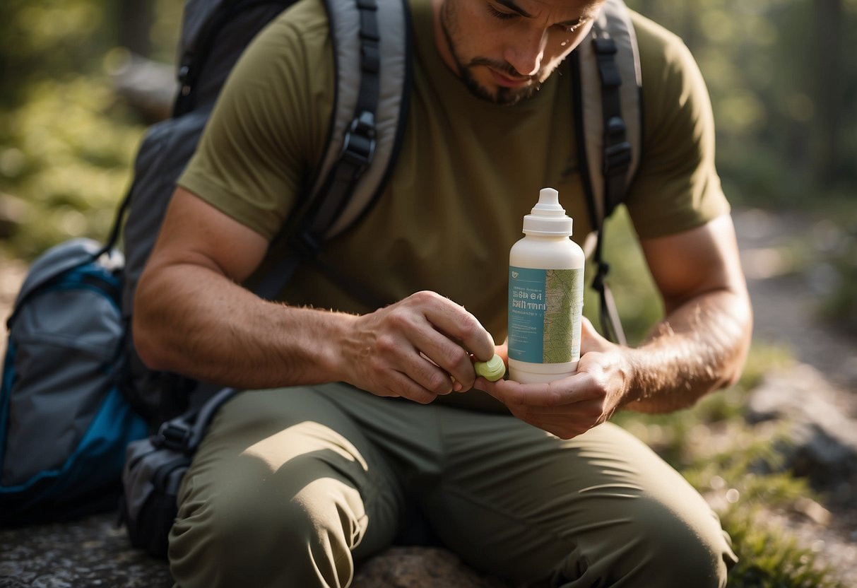 A hiker applies soothing cream to aching muscles, surrounded by a backpack, map, and geocaching supplies. A water bottle and healthy snacks sit nearby