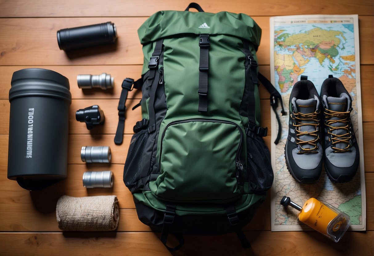 A geocaching backpack lies open on the ground, surrounded by a map, water bottle, and protein bars. A pair of hiking boots sits nearby, next to a foam roller and a stretch band