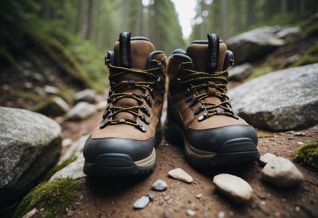 A pair of sturdy hiking boots on a rugged, rocky trail with GPS device and geocaching containers hidden among the rocks