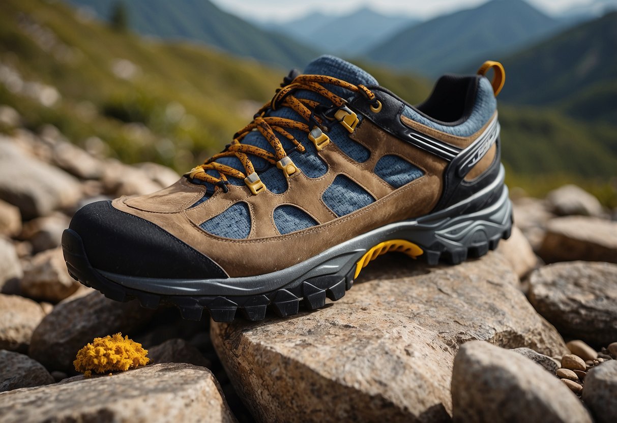 A rugged mountain trail with rocky terrain, featuring a pair of La Sportiva Spire GTX shoes placed on the ground, surrounded by geocaching equipment and a GPS device