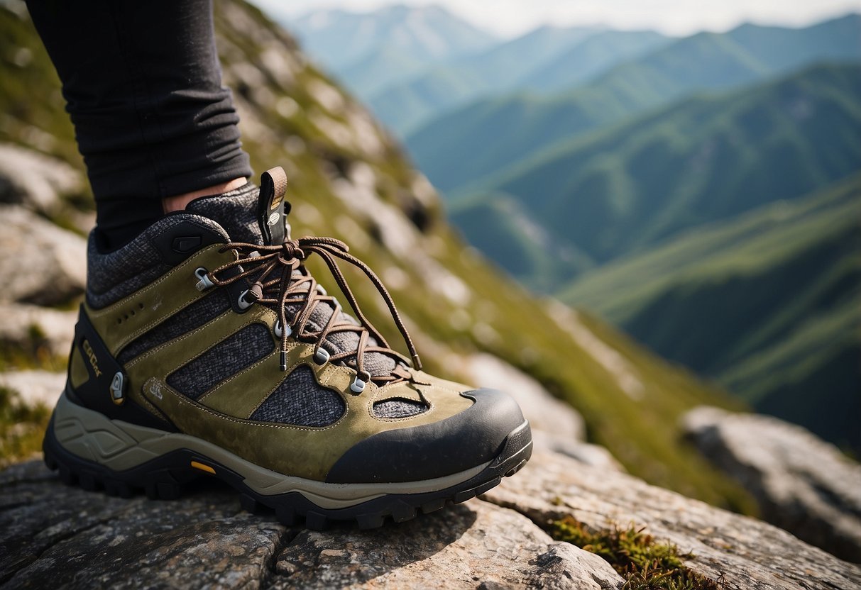 A rugged mountain trail winds through rocky terrain, with the Scarpa Zodiac Plus GTX shoes navigating the challenging geocaching route