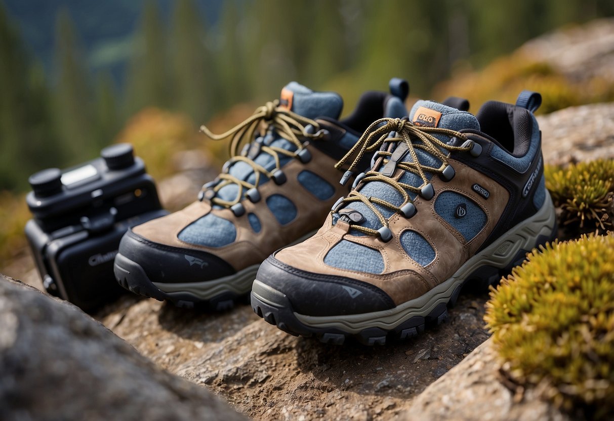 A pair of Oboz Sawtooth II Low BDry shoes placed on rocky terrain, surrounded by geocaching tools and a GPS device