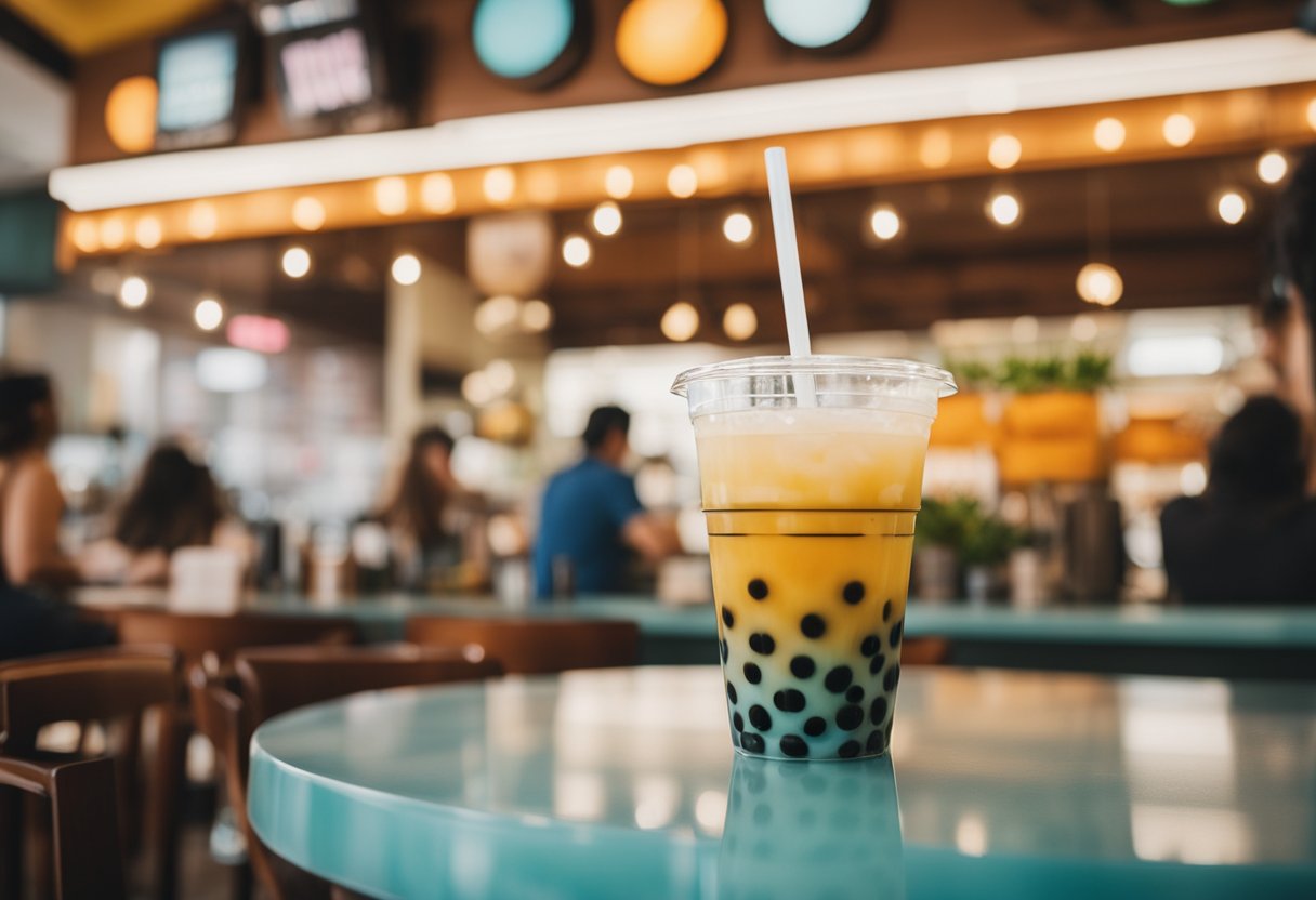 Customers enjoying boba tea at Miami's top 10 shops, with vibrant decor and cozy seating. A variety of colorful, delicious drinks are being served, highlighting the health benefits of boba tea