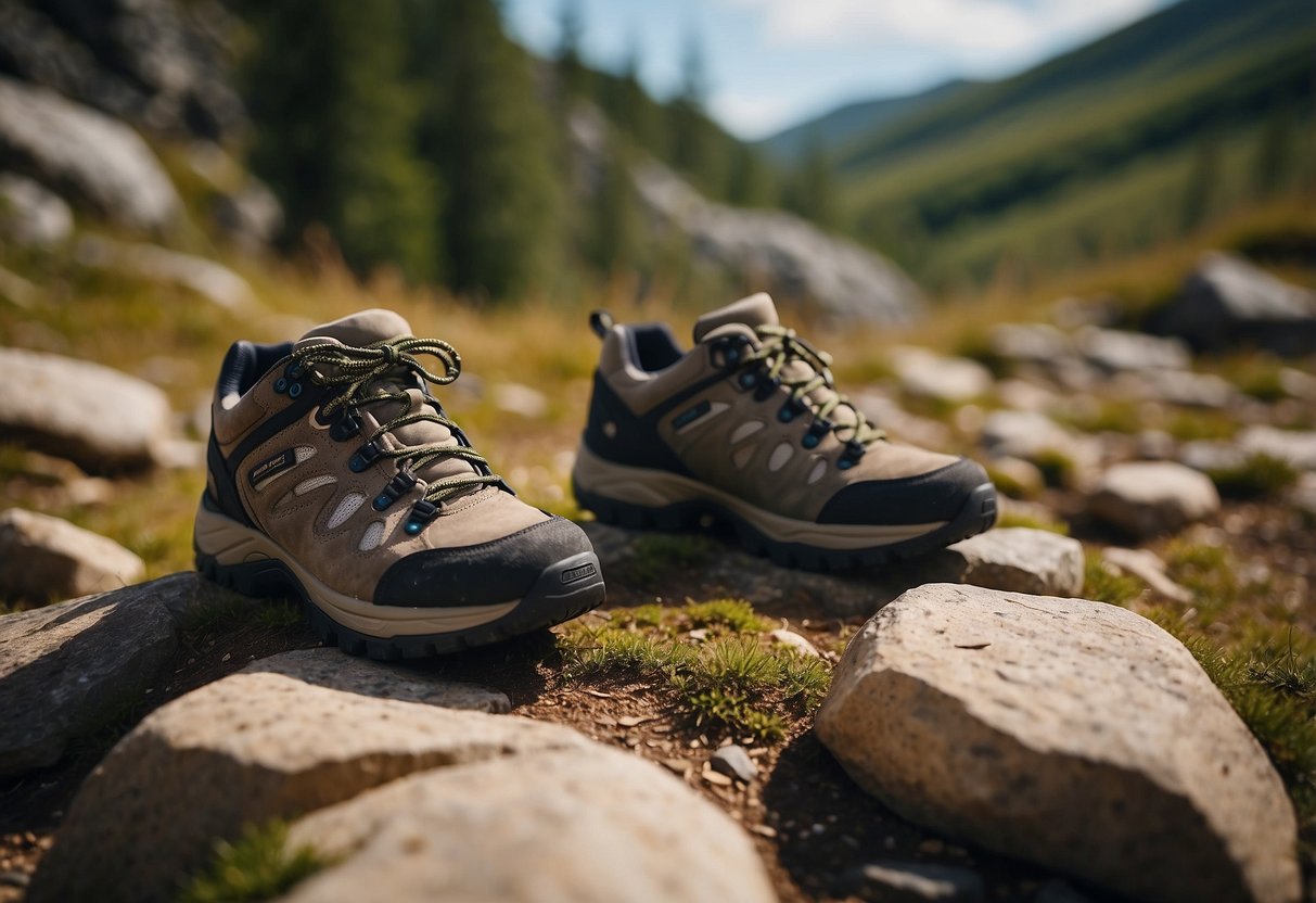 Rugged, uneven terrain with scattered rocks and boulders. A pair of sturdy hiking shoes on the ground. Surrounding landscape shows signs of challenging geocaching adventure