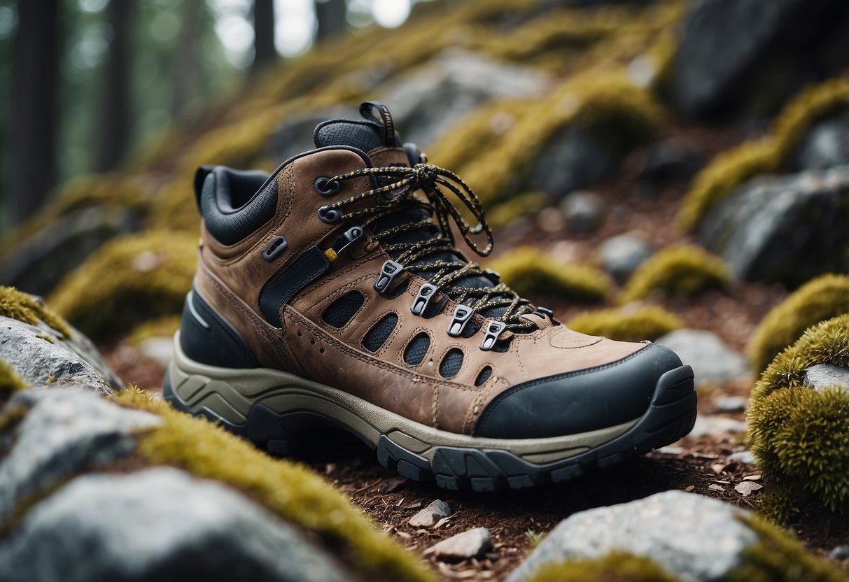 A rugged, rocky terrain with scattered geocaching shoes. Durable materials and sturdy construction evident in the footwear