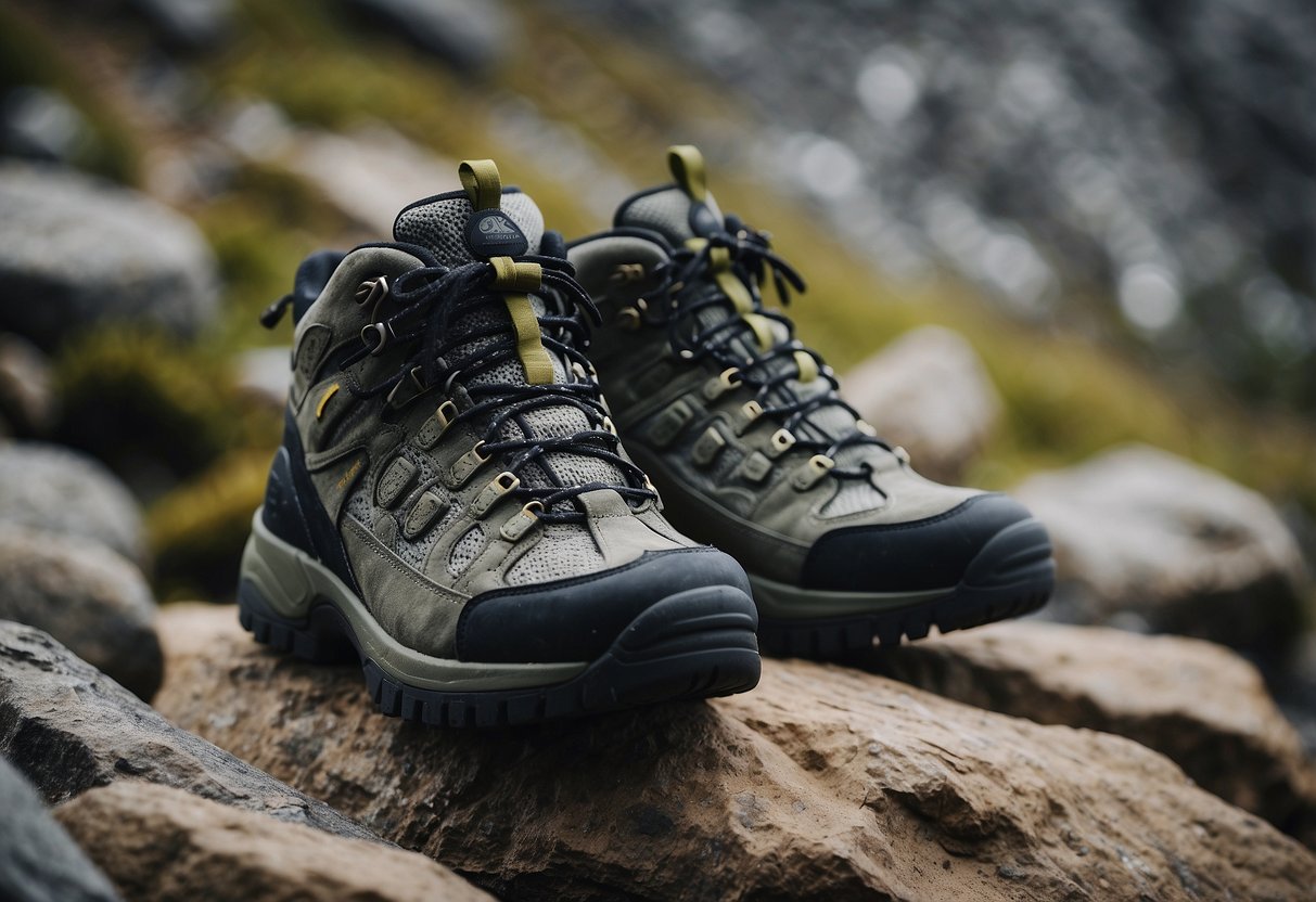 Rugged rocky terrain with 5 pairs of sturdy geocaching shoes in various sizes, showcasing proper fit and support