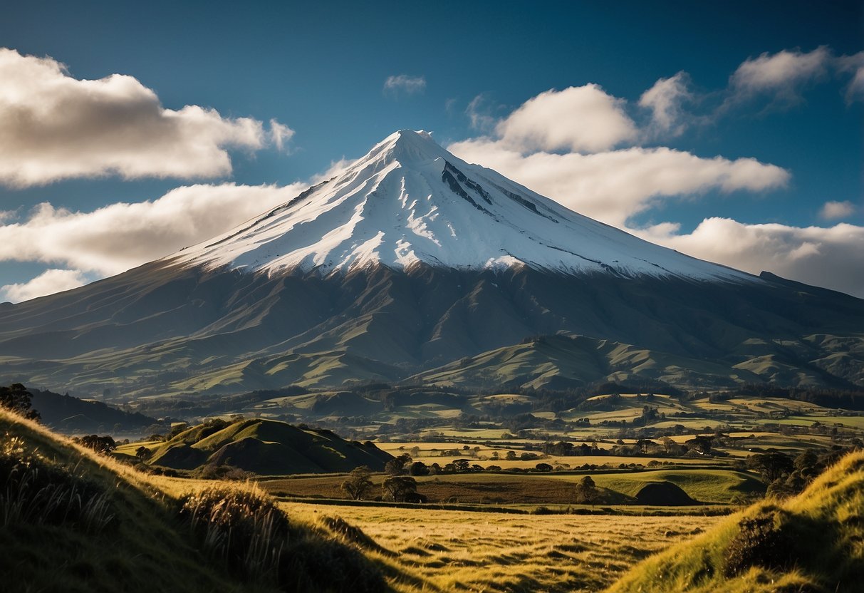 The Taranaki Volcano looms majestically over the lush New Zealand landscape, its rugged slopes and snow-capped peak creating a dramatic and awe-inspiring sight