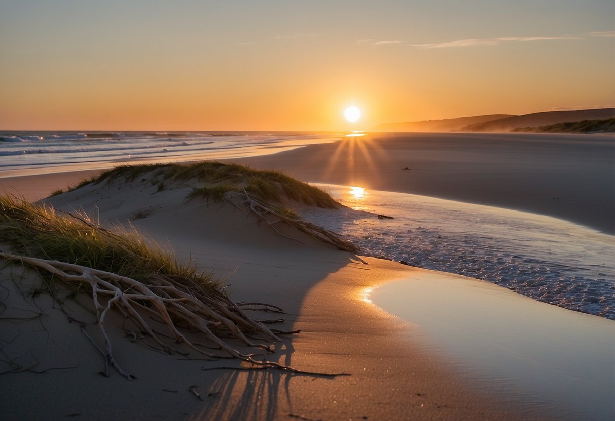 The sun sets over the expansive Ninety Mile Beach, with sand dunes and driftwood scattered along the coastline. Geocachers search for hidden treasures in the rugged landscape