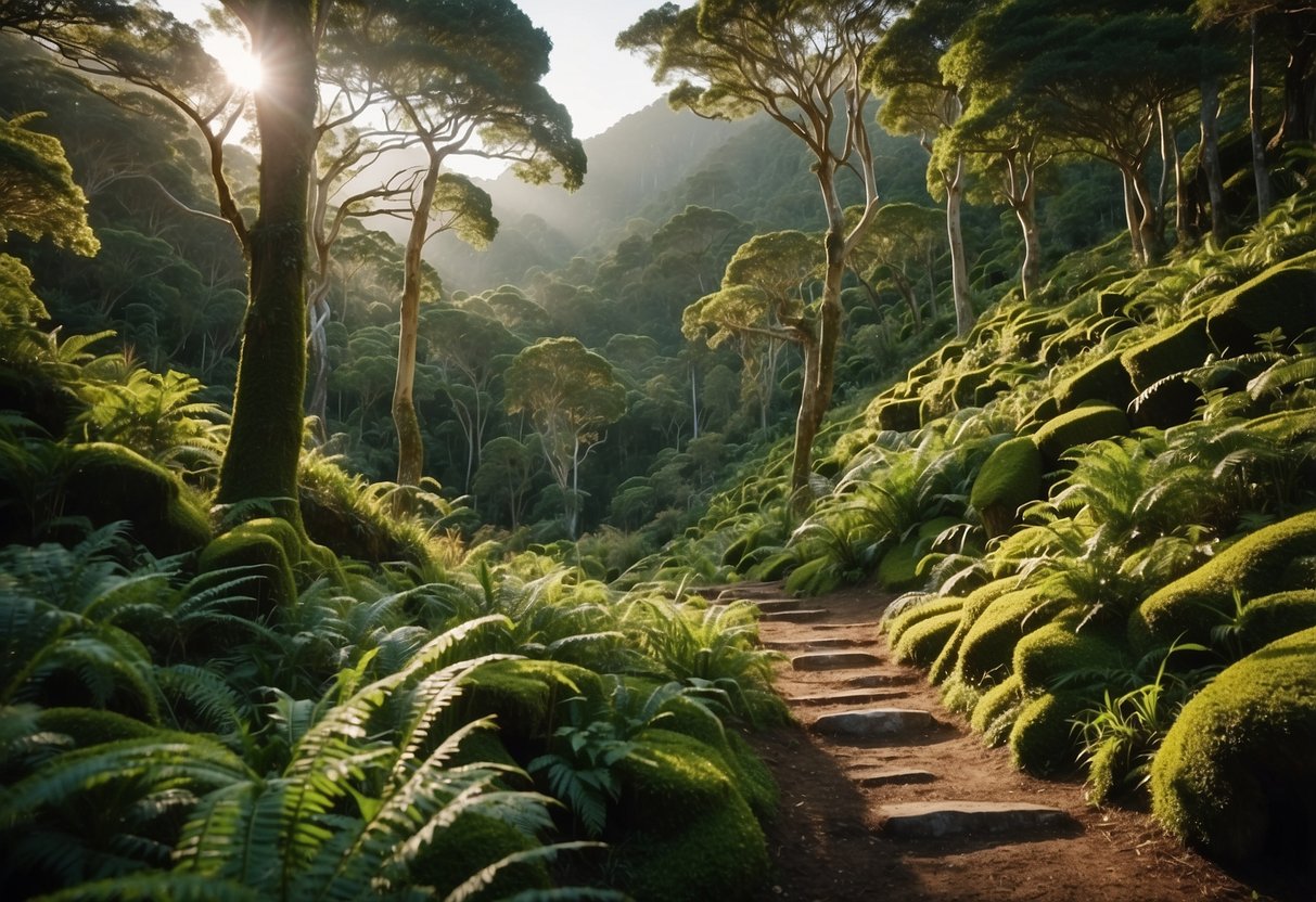 Lush green forest with winding trails, hidden containers tucked among rocks and trees, stunning views of New Zealand's diverse landscapes