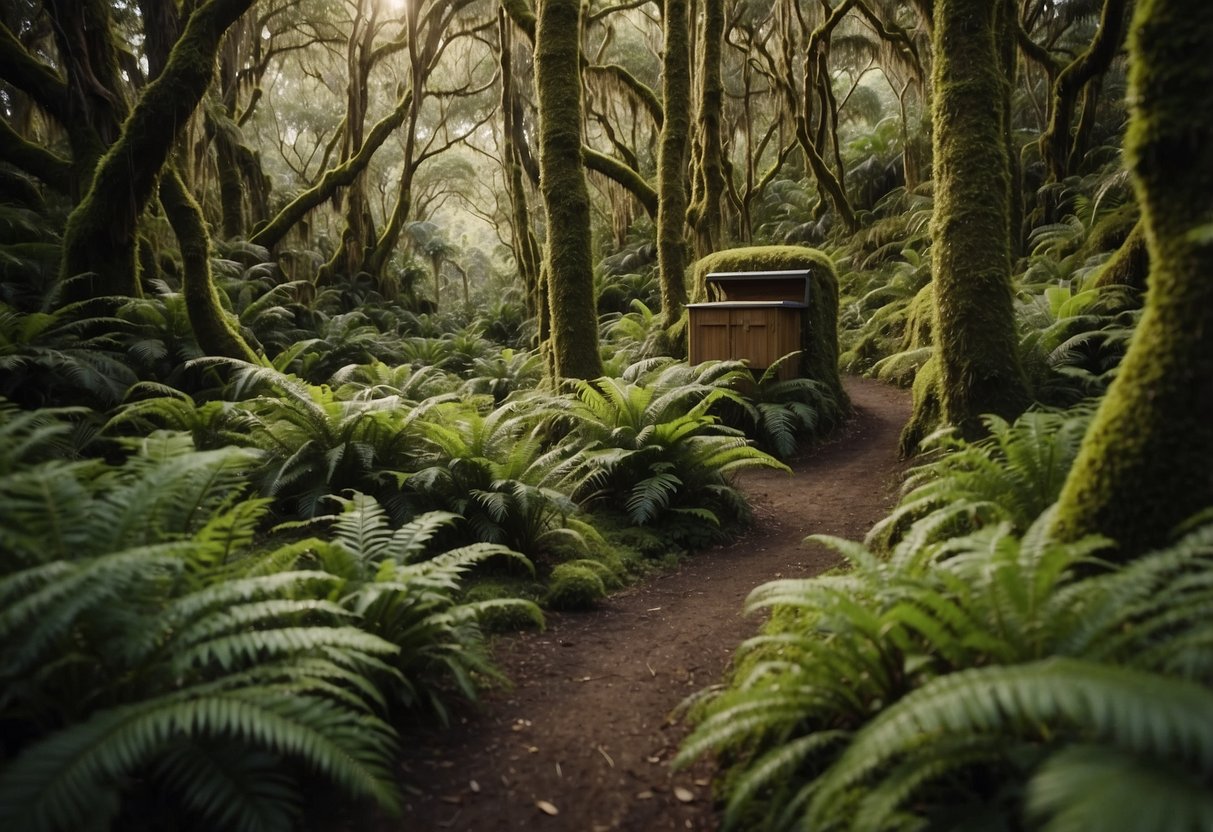 A lush forest with a winding trail leading to a hidden geocache. A GPS device and a treasure chest are nestled among the trees, with a stunning New Zealand landscape in the background