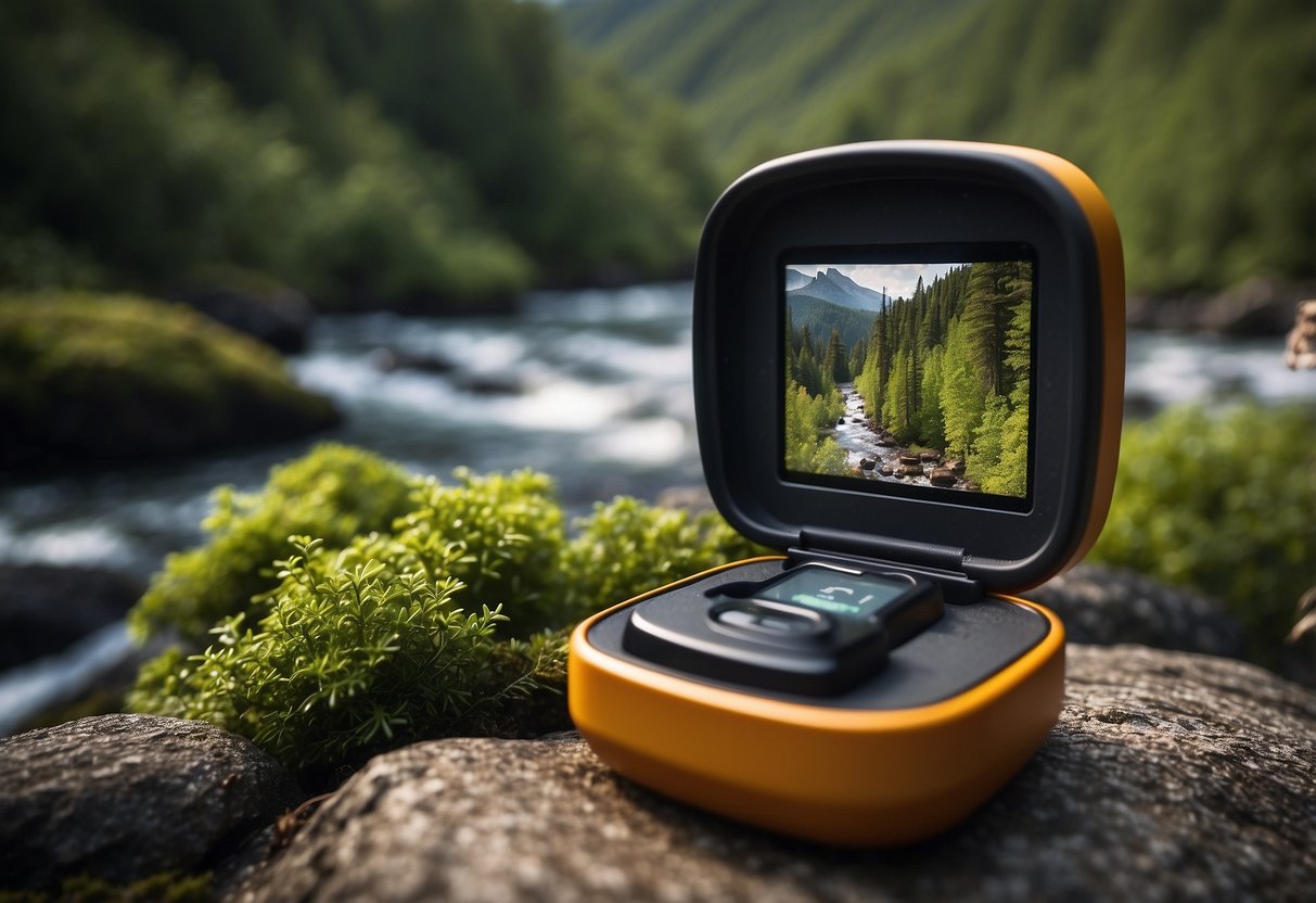 A rugged landscape with dense foliage, rocky terrain, and a winding river. A GPS device and a geocaching container hidden among the natural elements