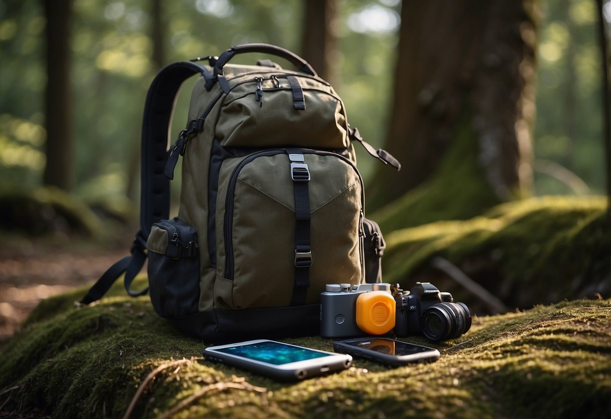 A backpack open on the ground, surrounded by trees and a map. A GPS device and extra batteries are laid out next to it