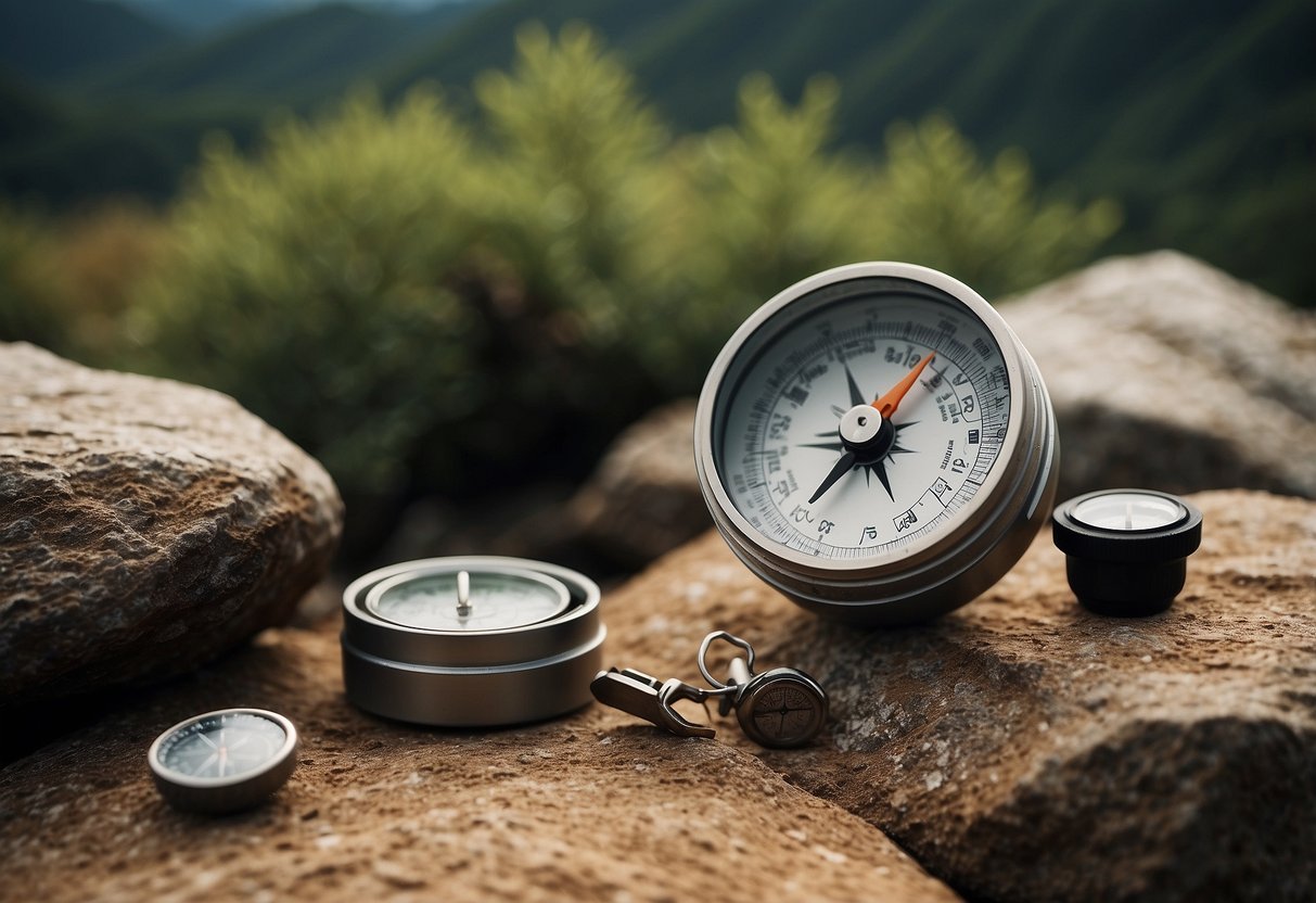 A rugged landscape with a variety of durable containers hidden among rocks and trees, with a map and compass nearby for geocaching in remote areas