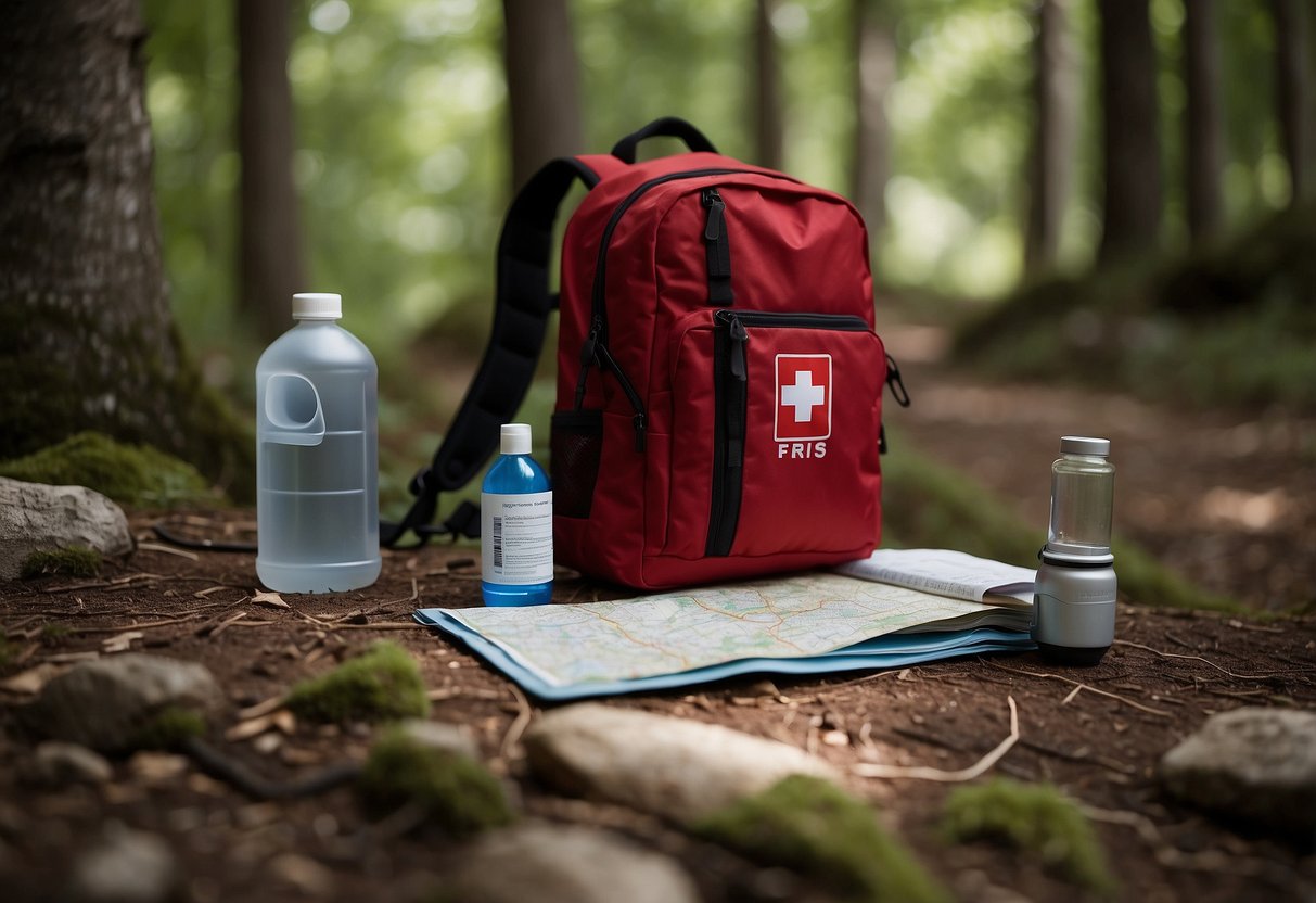 A hand reaches for a red first aid kit in a backpack, surrounded by a map, compass, and water bottle. The setting is a remote, wooded area with a geocache hidden nearby