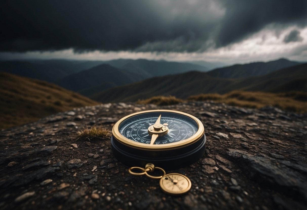 A map and compass lie on a rugged terrain. Dark clouds loom overhead as the wind blows through the remote area