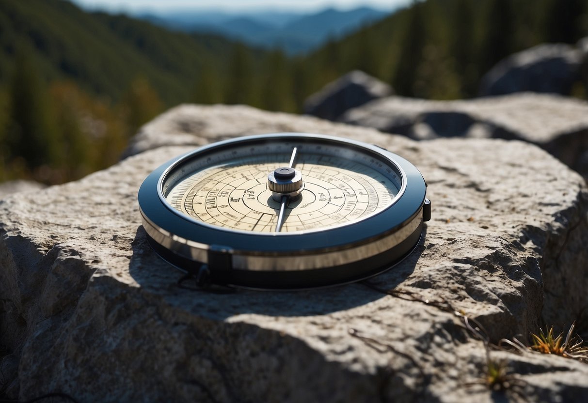 A map with a compass and GPS device on a rocky terrain, surrounded by dense forest and a distant mountain range under a clear blue sky