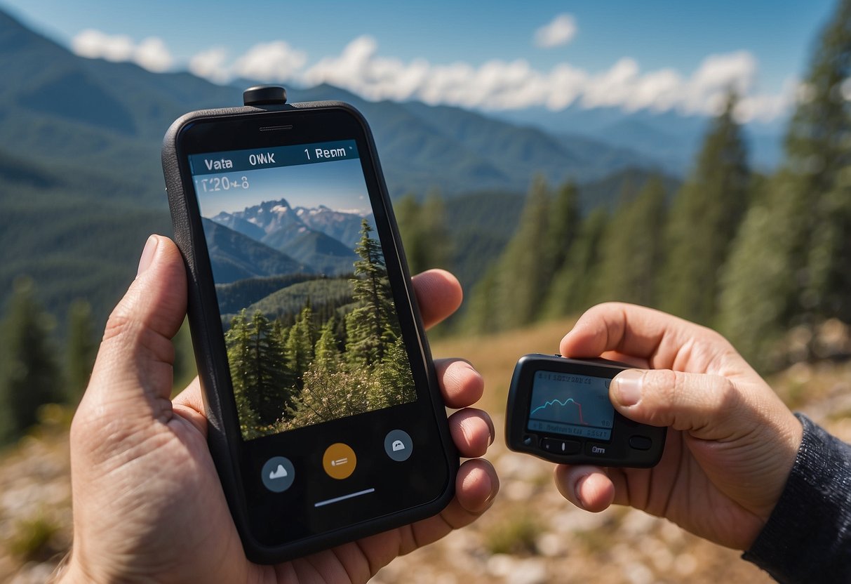 A hand holding a GPS device with a remote landscape in the background. Trees, mountains, and a clear sky