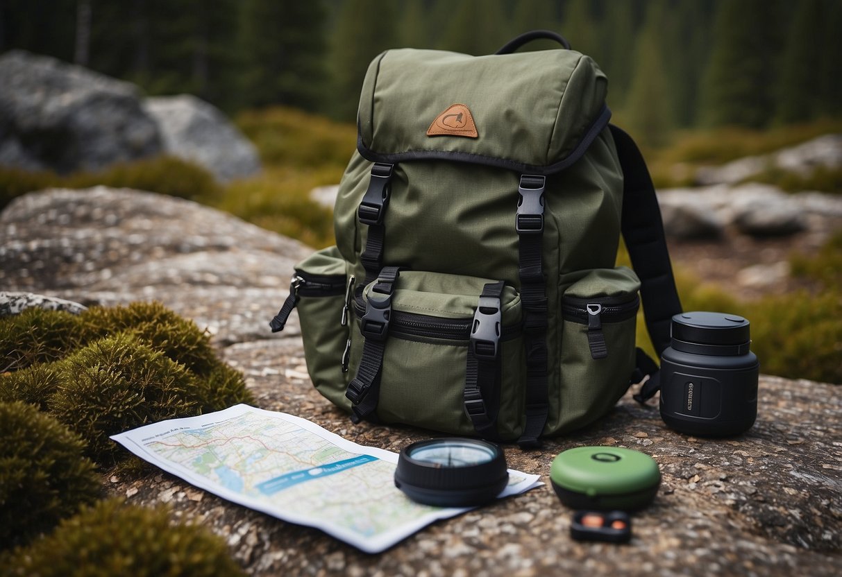 A backpack with GPS device, compass, water bottle, snacks, first aid kit, and map laid out on a rocky trail in a remote wilderness setting