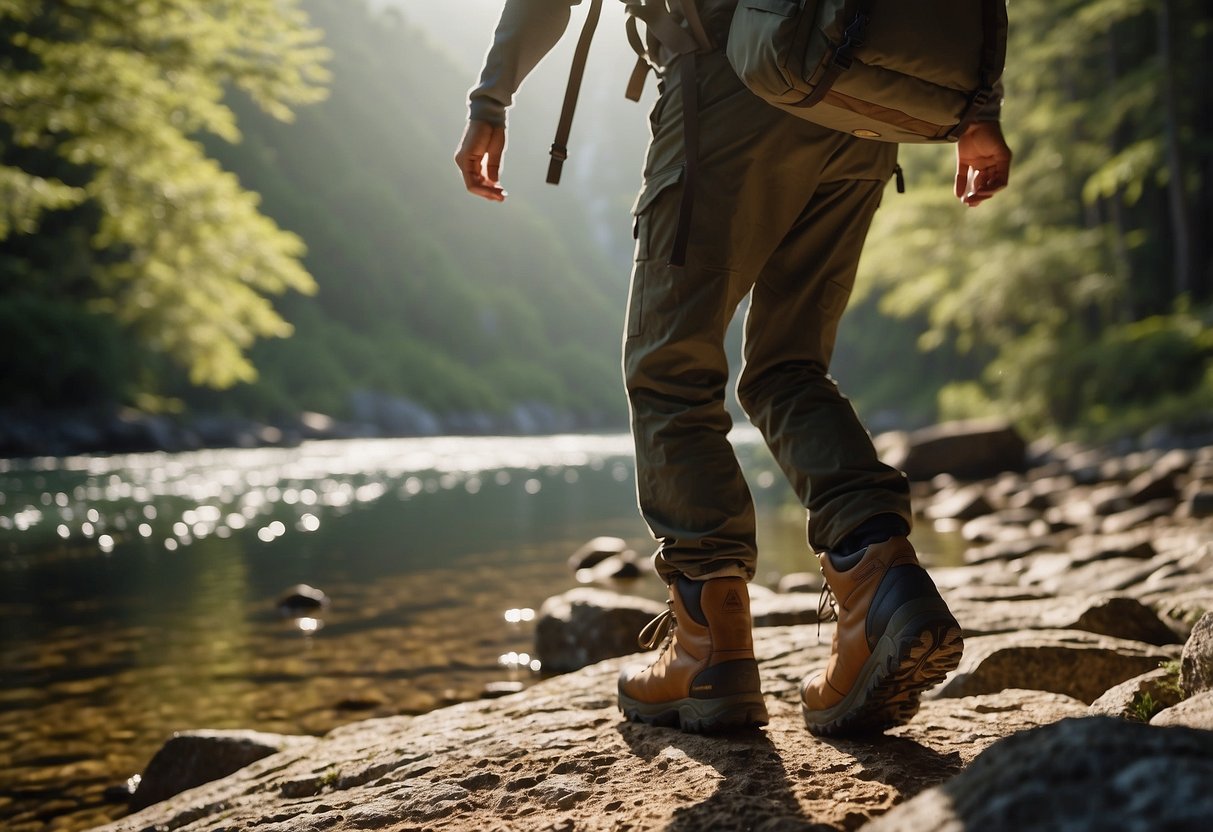 A hiker follows a map, carrying a GPS device and wearing sturdy boots. They pack water, snacks, and a first aid kit. The landscape is rugged, with rocky terrain and dense forest. The sun is shining, casting dappled light