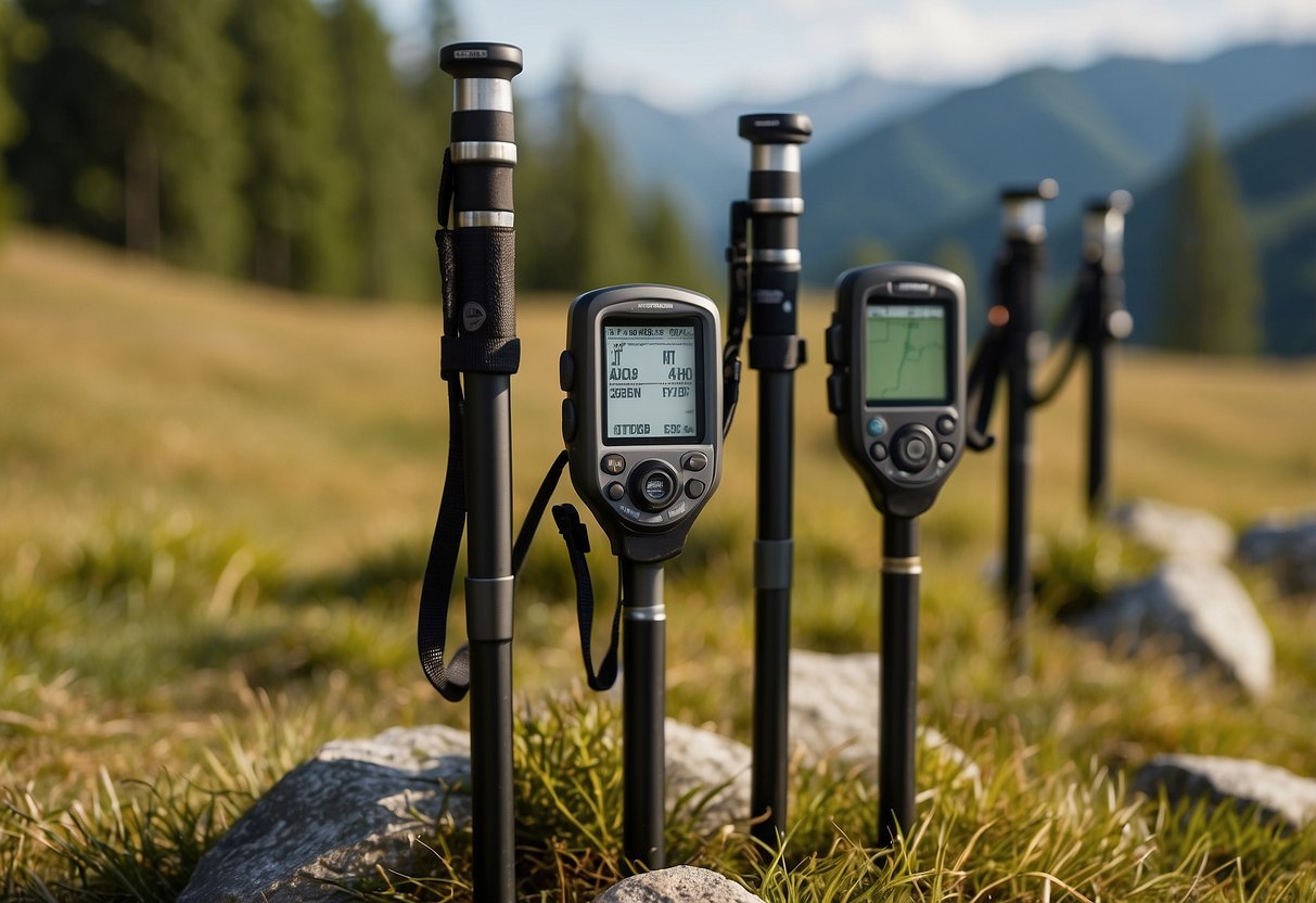 Five lightweight geocaching poles arranged in a row on a grassy trail, with a GPS device and compass nearby