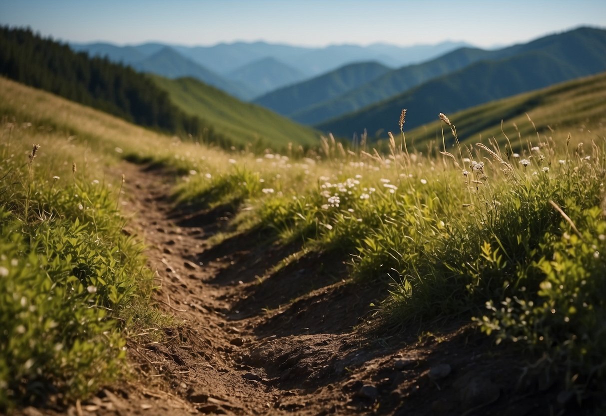 A mountainous trail with MSR Dynalock Ascent Carbon 5 poles planted firmly in the ground, surrounded by lush greenery and a clear blue sky