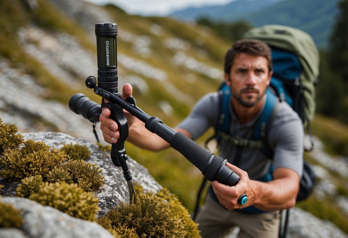 A hiker holds a lightweight geocaching pole while navigating through rugged terrain, with a GPS device in hand. The pole's collapsible design and sturdy grip are highlighted