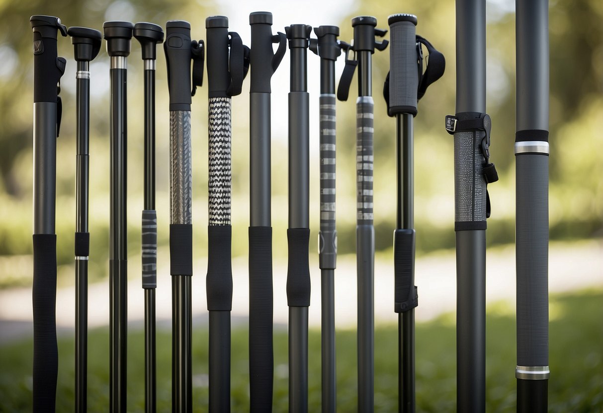 The illustration shows a variety of lightweight poles, including carbon fiber and aluminum, with ergonomic grips and adjustable sections for geocaching