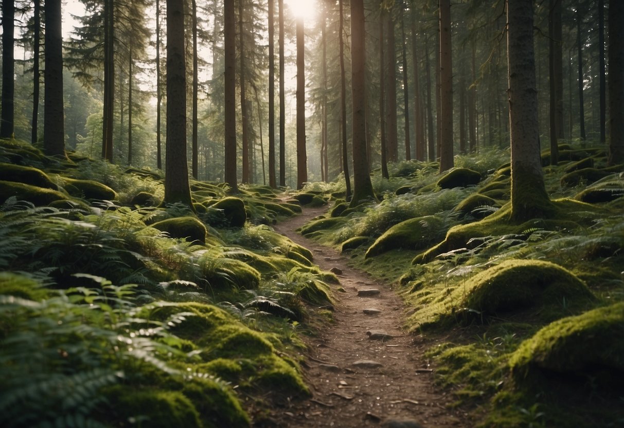 A forest trail with a variety of terrain, including rocky paths and dense foliage. Geocaching poles are shown in use, navigating the landscape