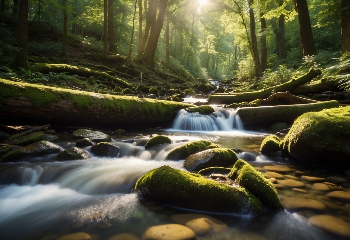 A lush forest with sunlight filtering through the trees, revealing hidden geocaches nestled among rocks and fallen logs. A bubbling stream winds through the scene, with colorful wildlife peeking out from the foliage