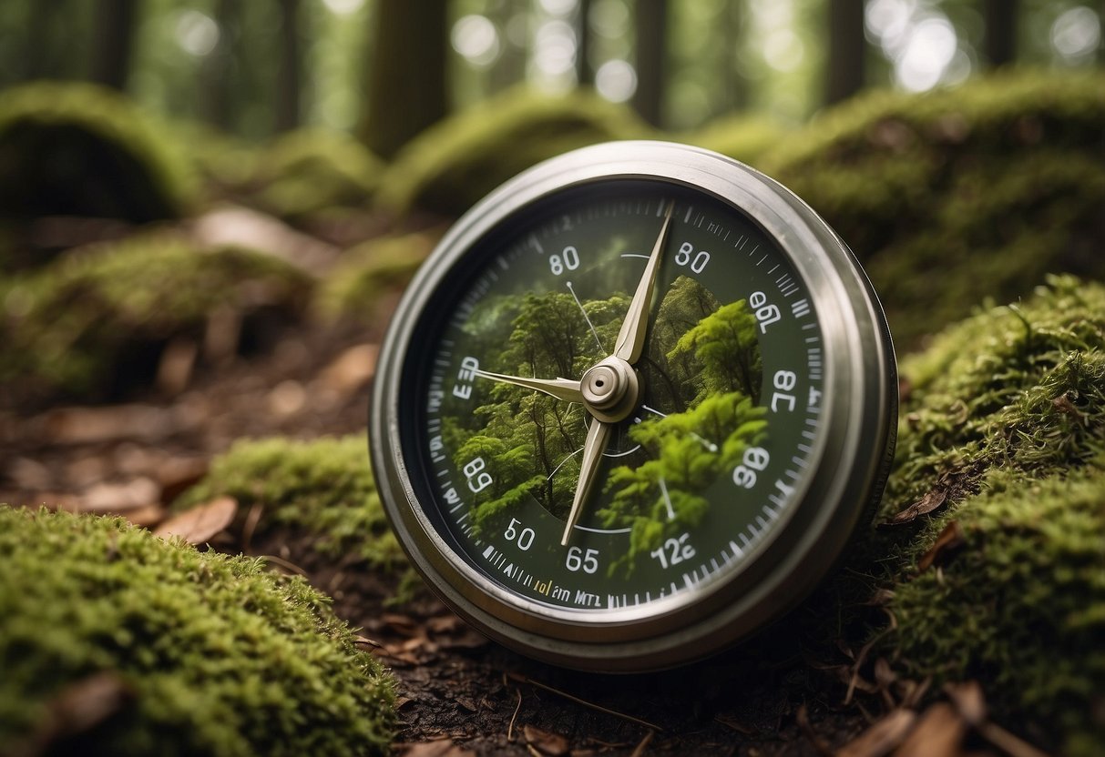 A lush forest with winding trails, tall trees, and hidden caches. A map, compass, and GPS device are scattered on the ground