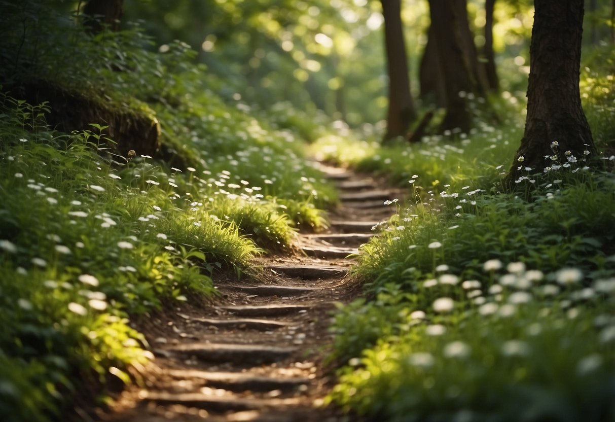 Lush forest with a winding trail, hidden geocache nestled in a tree hollow. Birds chirping, butterflies flitting around wildflowers, and a small stream babbling nearby