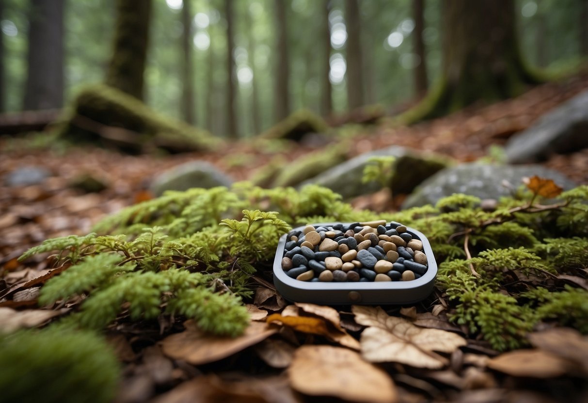 A forest floor scattered with rocks, leaves, and twigs, with a hidden geocache nestled among the natural treasures