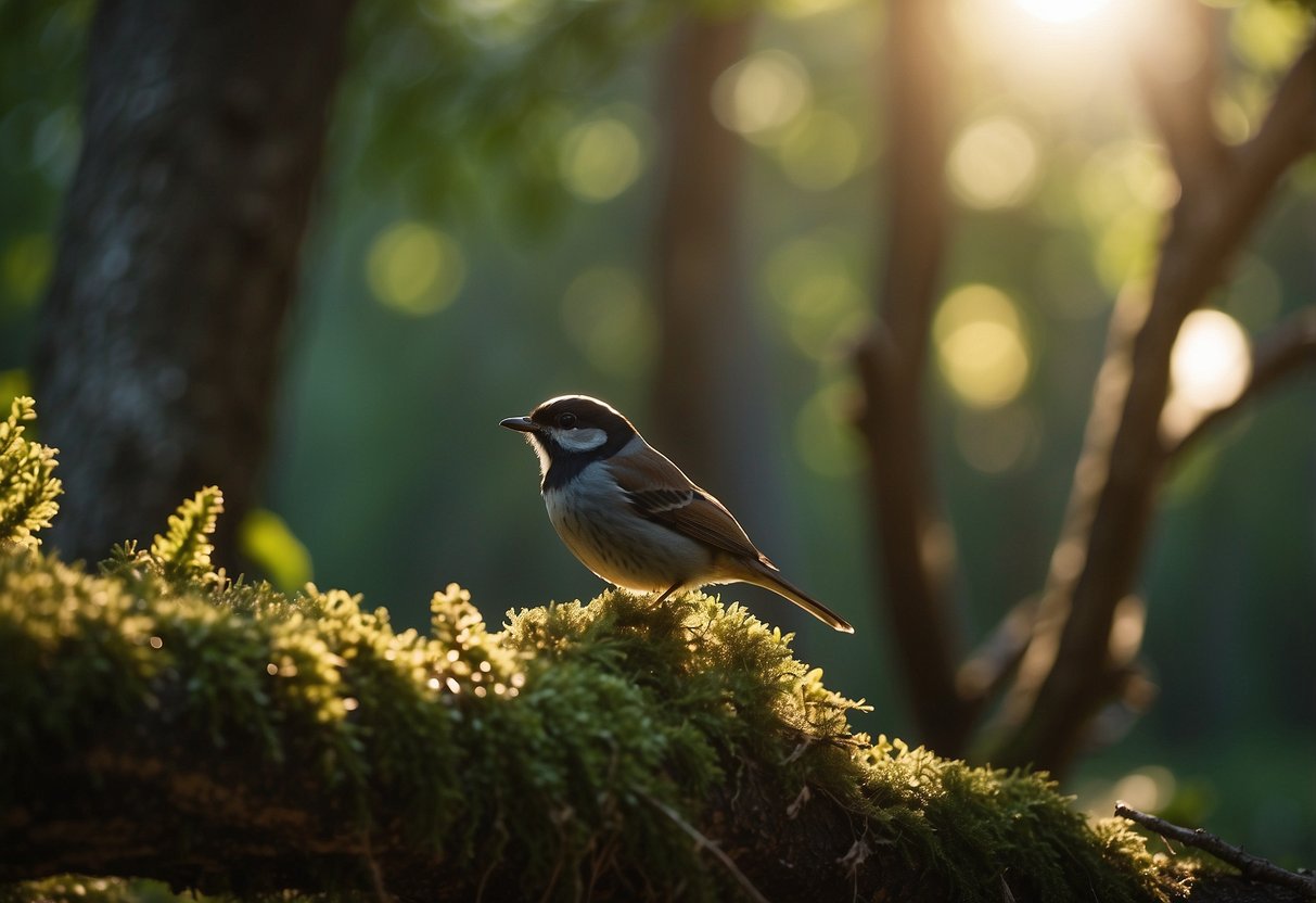 A bird perches on a tree branch as a geocacher searches for a hidden treasure in the forest. The sun shines through the leaves, creating dappled light on the ground