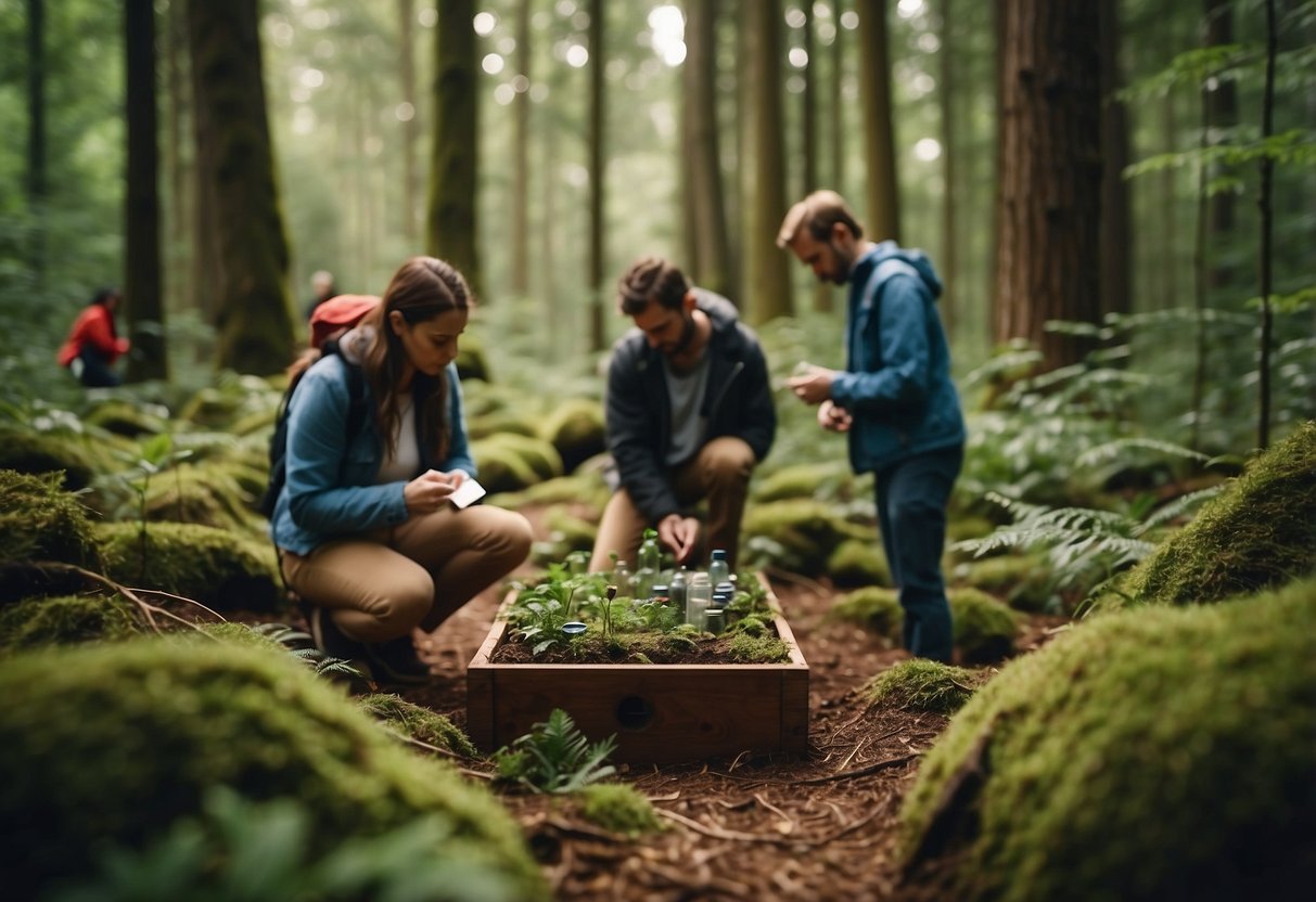 A group of people gather in a lush forest clearing, setting up eco-friendly geocaching stations. They use natural materials and sustainable practices to create a fun and environmentally conscious event