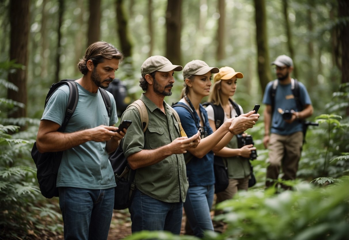 Local wildlife experts guide geocachers through lush forests, pointing out native flora and fauna. A group of geocachers eagerly listens and observes, connecting with nature