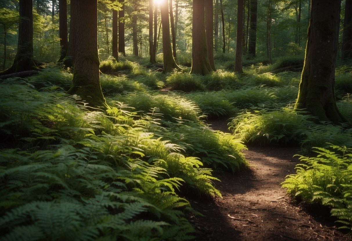 Lush forest with hidden geocaches nestled among moss-covered trees, babbling brooks, and vibrant wildflowers. Sunlight filters through the canopy, casting dappled shadows on the forest floor