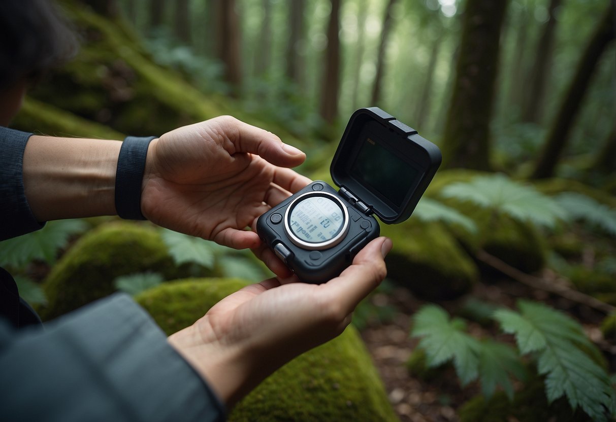 A hiker finds a hidden geocache nestled among rocks and trees in a lush forest, with a GPS device in hand, searching for the next hidden treasure