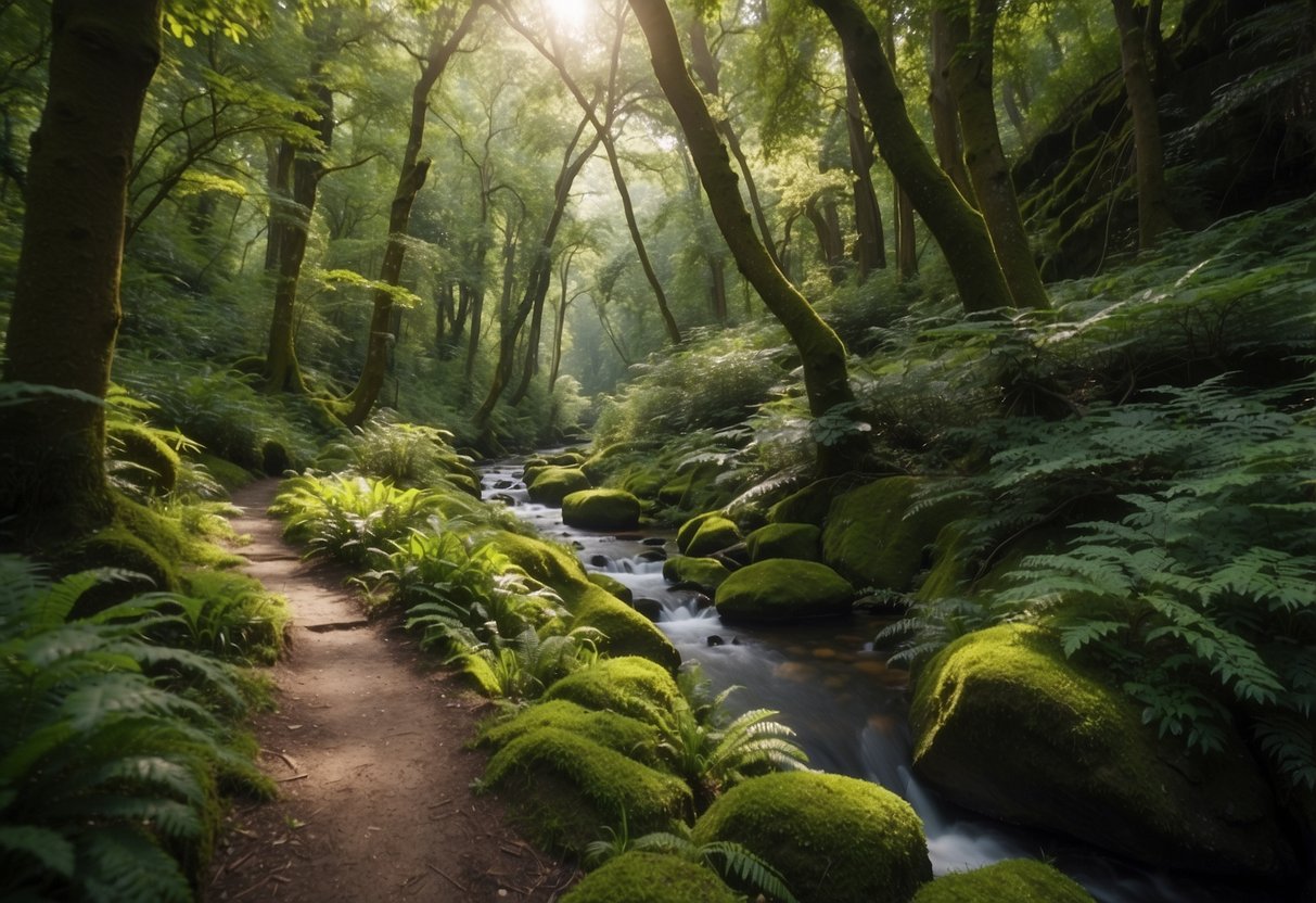 A lush forest with a winding trail, a hidden geocache nestled among rocks and foliage, a clear stream running through the scene, and various wildlife such as birds and deer