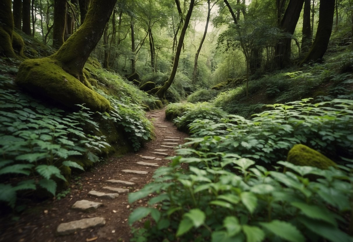 A lush forest with a winding trail leading to a hidden geocache nestled among rocks and foliage. A stream trickles nearby, and birds chirp in the trees