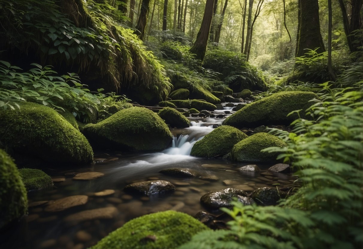 A lush forest with a hidden geocache nestled among the trees. A small stream runs through the scene, with wildlife and native plants thriving in the natural environment