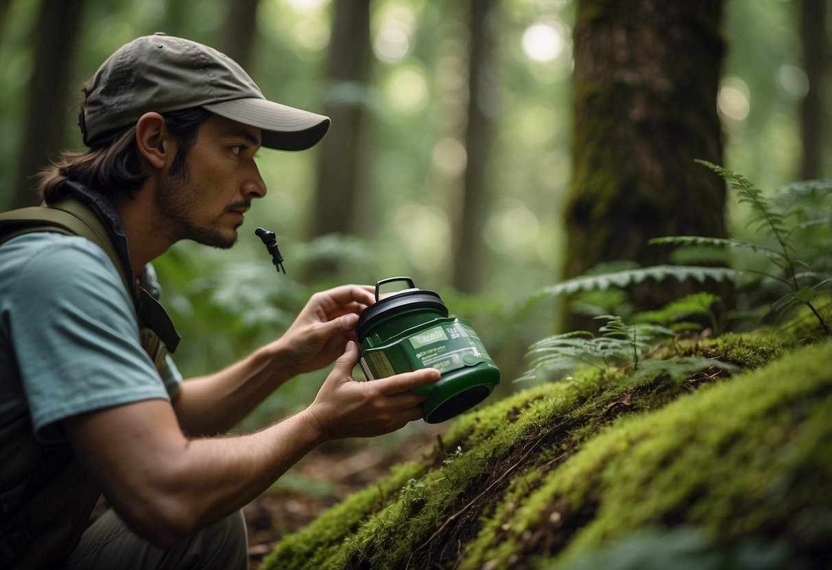 In a lush forest, a geocacher carefully inspects a hidden container, while insects buzz around. They use bug spray and wear long sleeves for protection