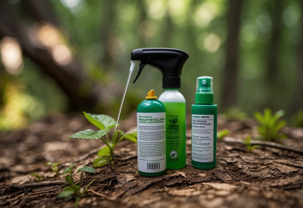 A hand holding insect repellent spray with geocaching items in background