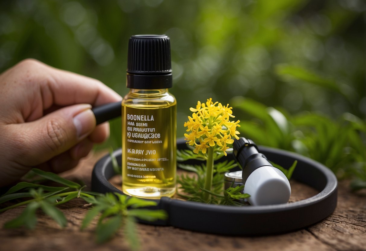 Citronella oil being applied to skin, surrounded by geocaching equipment and nature