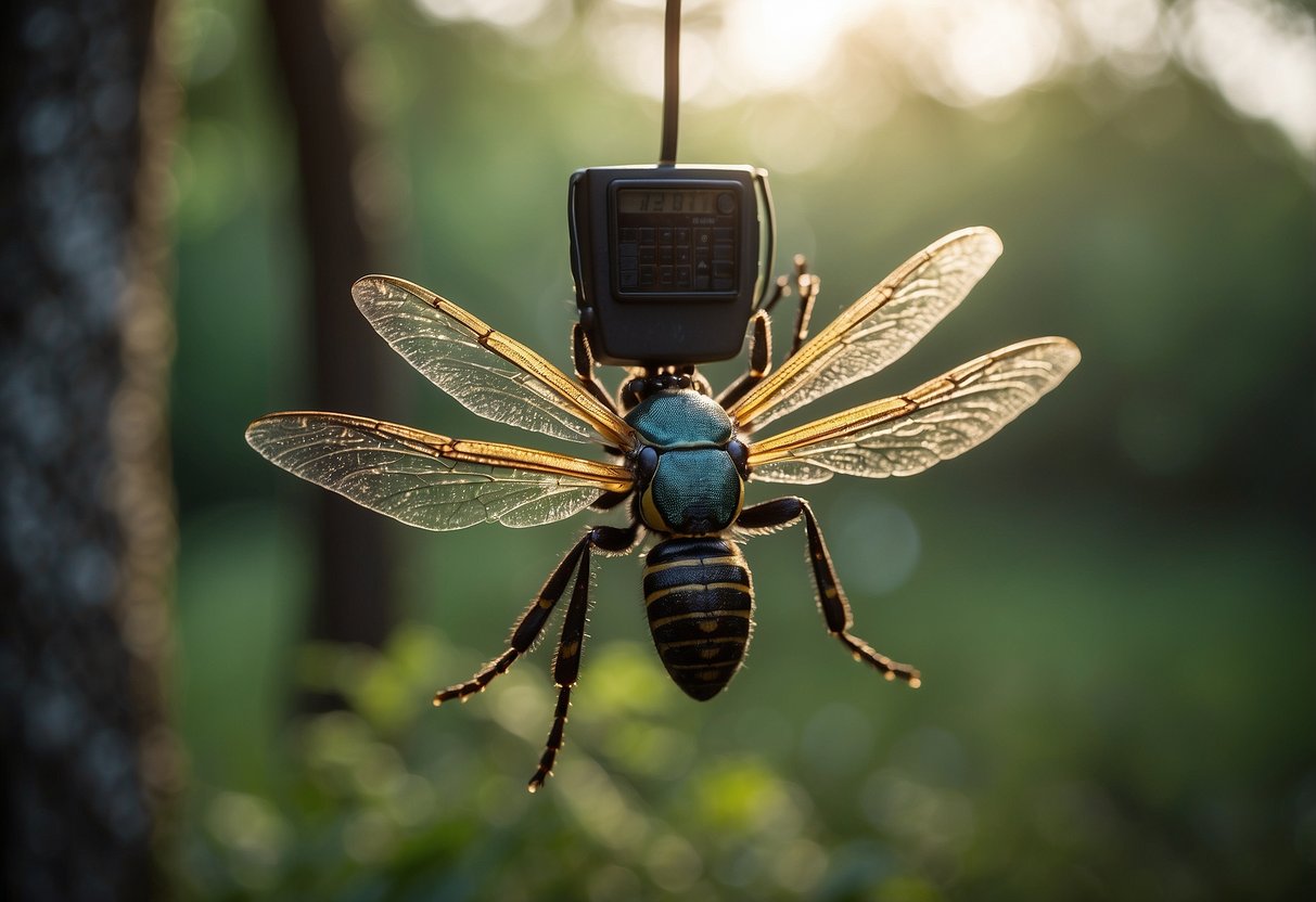 A bug zapper hangs from a backpack near a geocaching site, surrounded by buzzing insects