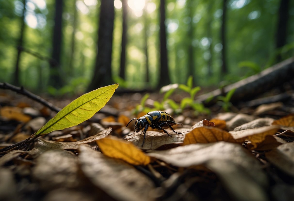 In a lush forest, insects thrive among fallen leaves and branches. A geocacher carefully navigates through the underbrush, encountering various insects along the way