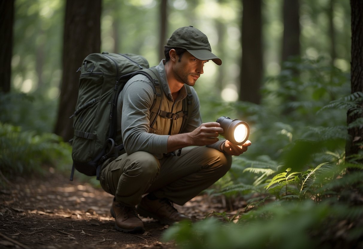 A geocacher sets up insect repellent and wears long sleeves while searching for a cache in a wooded area. They also carry a flashlight and a map to navigate through the forest