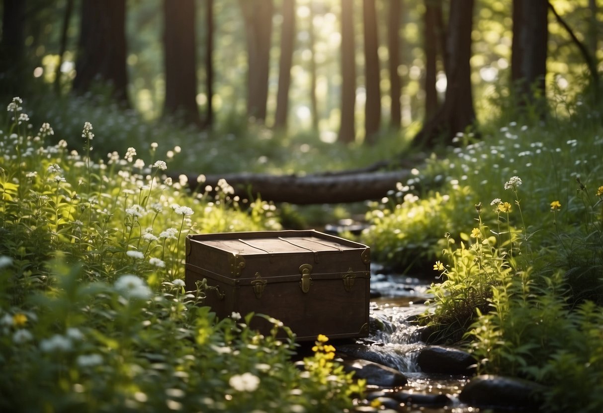 Lush green forest with a hidden treasure chest nestled among vibrant wildflowers and towering trees, with a sparkling stream winding through the landscape