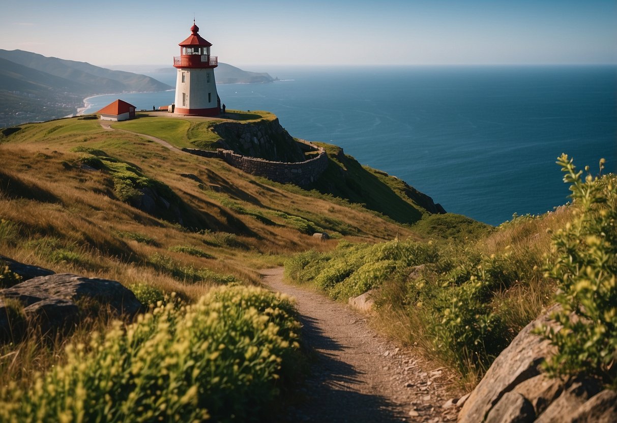 At Signal Hill, Canada, a rugged coastline meets the vast Atlantic Ocean. The iconic Cabot Tower stands tall against the backdrop of rolling hills and vibrant greenery