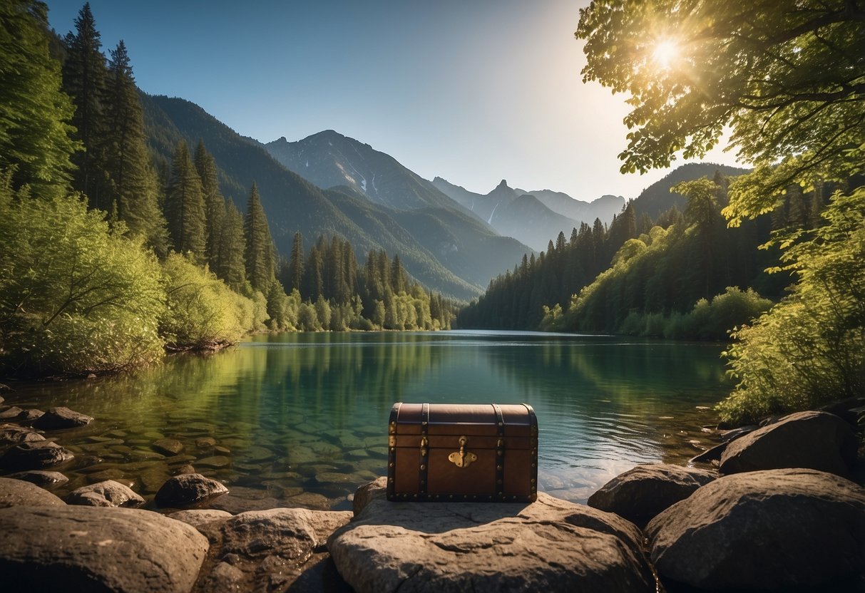 A lush forest with a hidden treasure chest nestled among vibrant foliage, a sparkling river winding through the landscape, and a majestic mountain looming in the distance